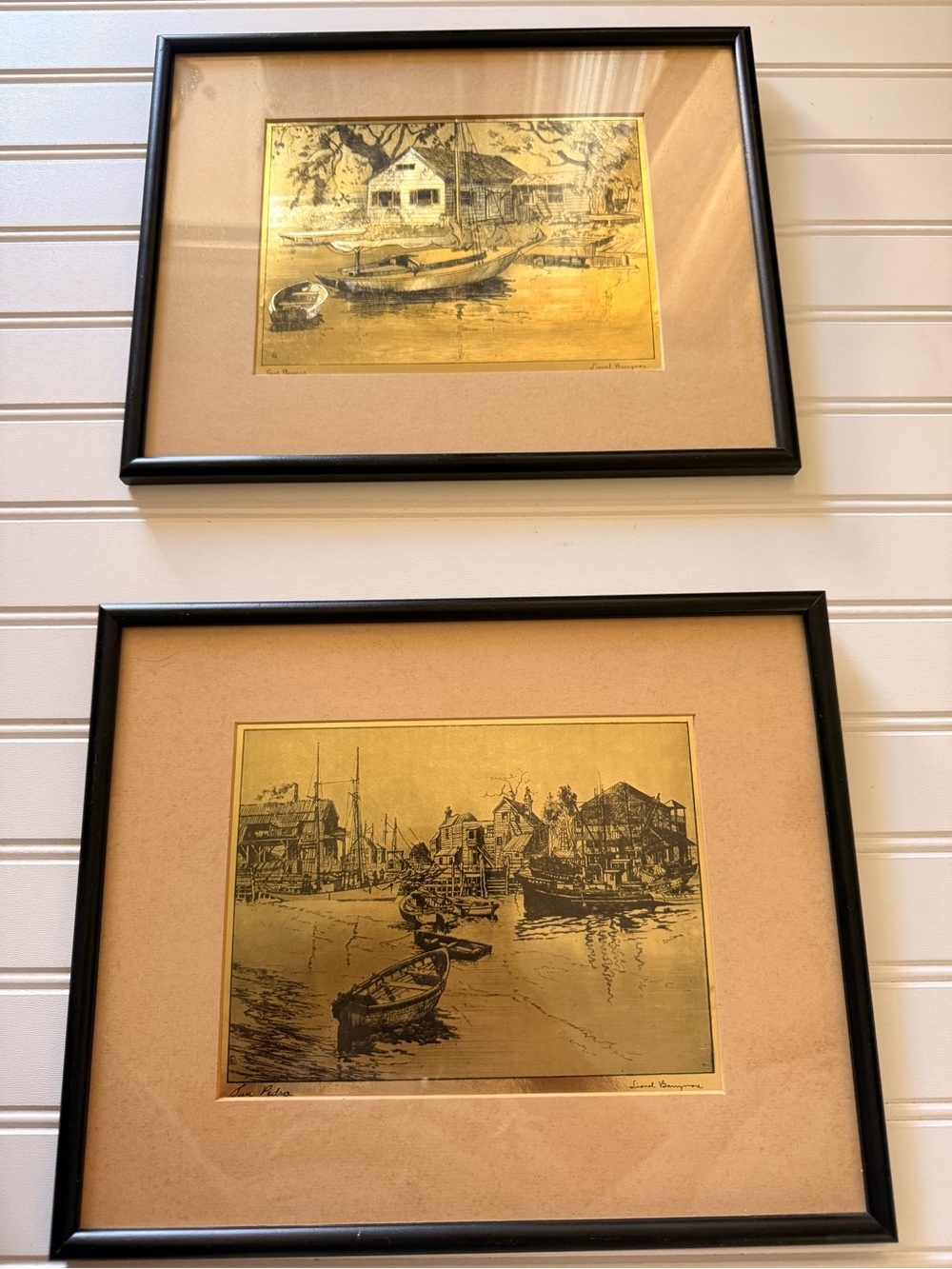Vintage Lionel Barrymore Framed Coastal Harbor Print Set in Gold and Black